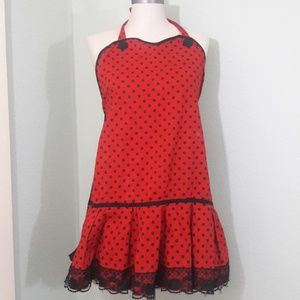 Red black polka dot lace ladybug button tie apron